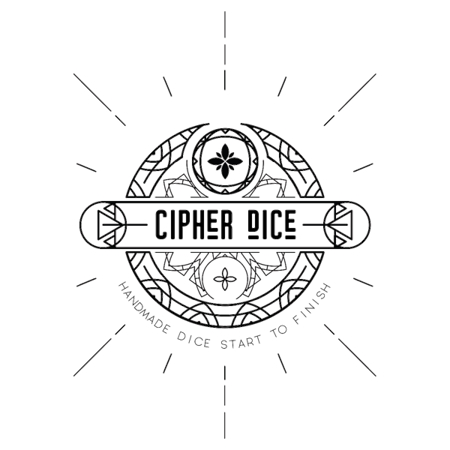 logo reads: "cipher dice" in large text and underneath "handmade dice start to finish" there are geometric linework elements creating a halo around the text